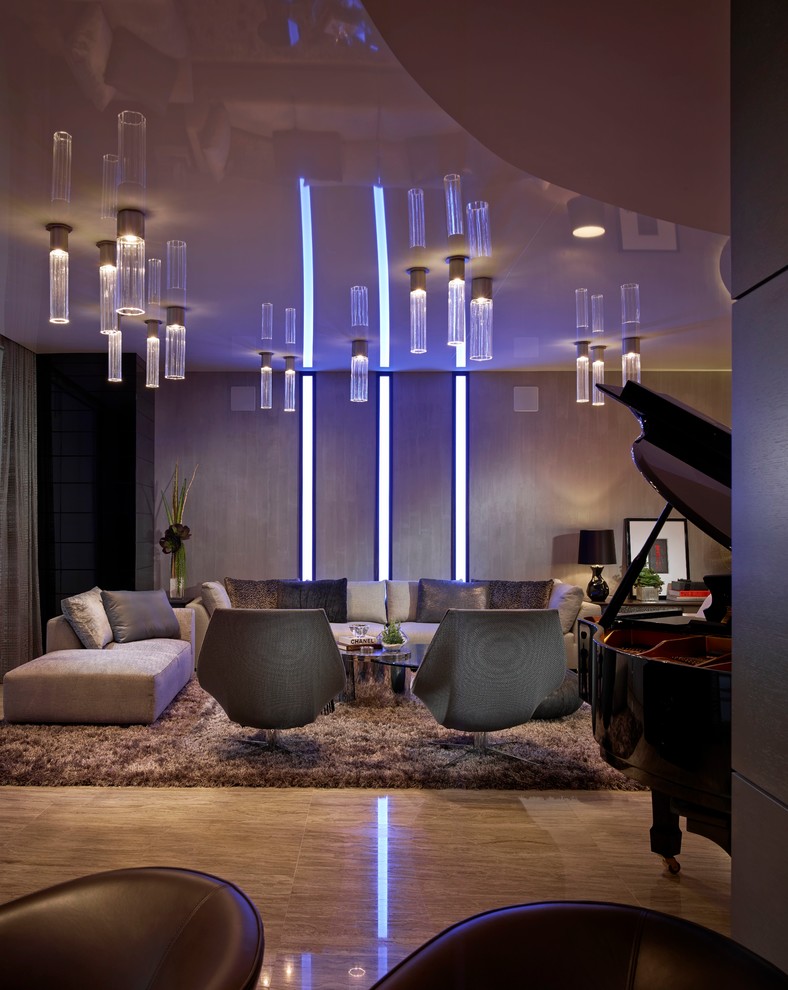 Family room - contemporary open concept marble floor family room idea in Miami