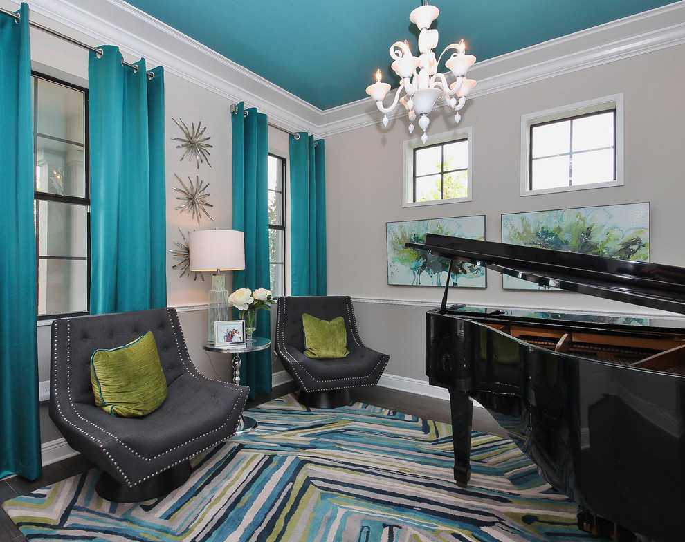 Example of a transitional enclosed dark wood floor and brown floor family room design in Tampa with a music area, no fireplace, no tv and multicolored walls