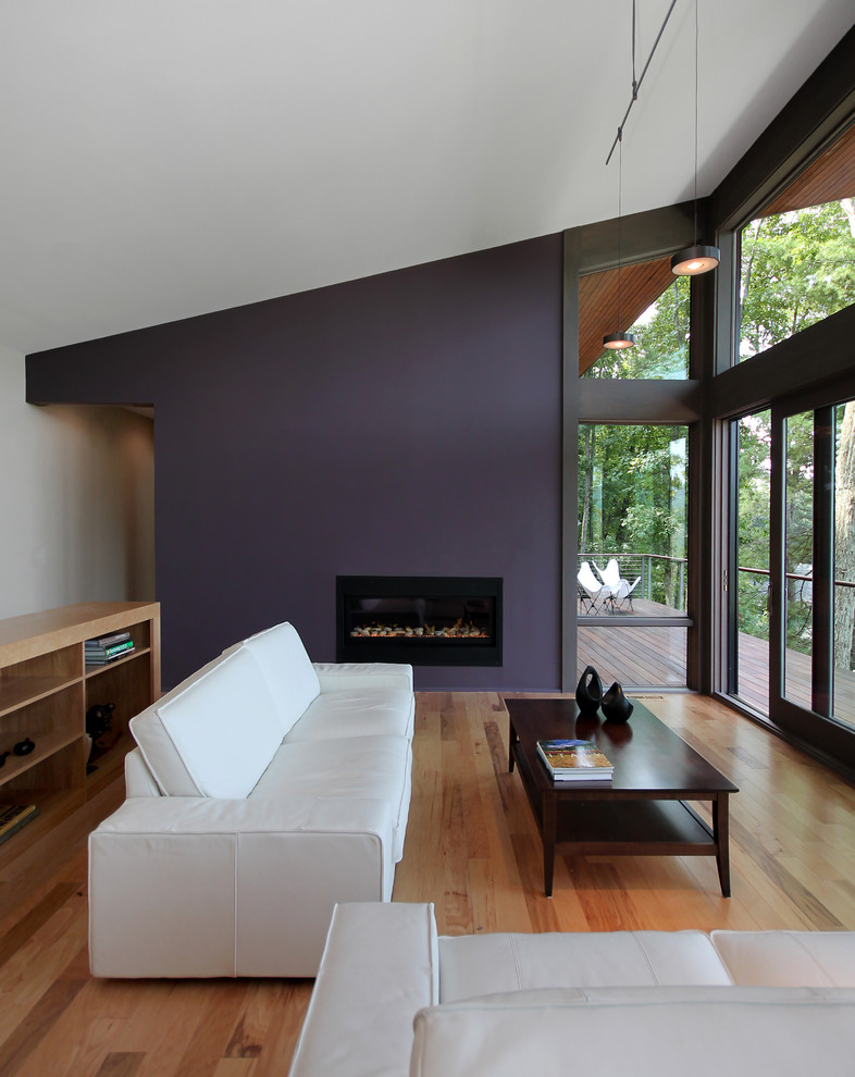 Diseño de sala de estar contemporánea con suelo de madera en tonos medios, todas las chimeneas y paredes multicolor