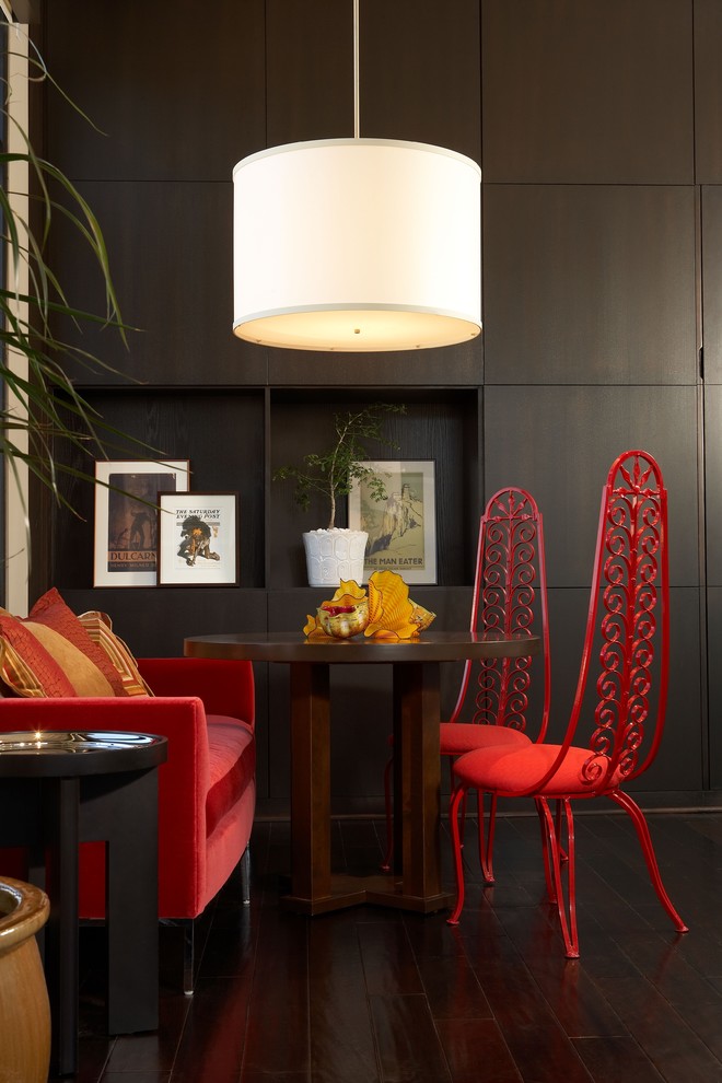 Family room - mid-sized industrial dark wood floor family room idea in Phoenix with brown walls