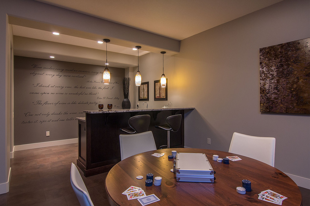Photo of a contemporary open plan games room in Vancouver with grey walls, dark hardwood flooring, no fireplace and no tv.