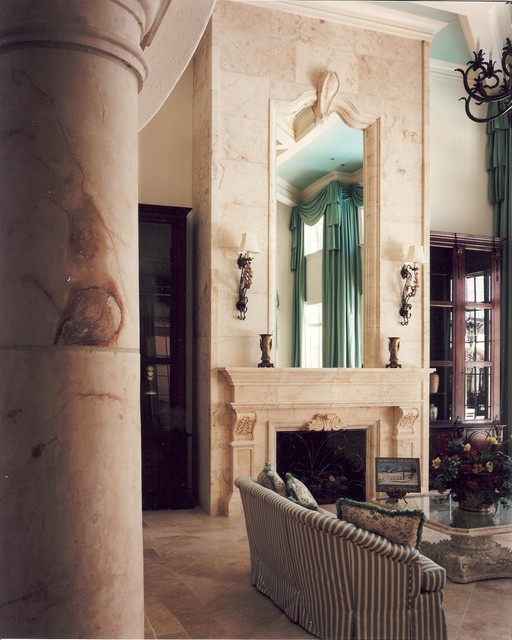 French Inspired Fireplace in an Elegant Library - Mediterranean - Living  Room - Other - by DeSantana Natural Stone Company, LLC
