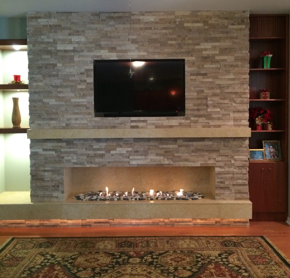 Tampa Stacked Limestone Fireplace Contemporary Family Room Tampa