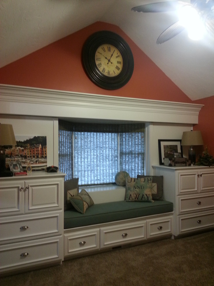 Inspiration for a large classic open plan games room in Indianapolis with a game room, orange walls and carpet.