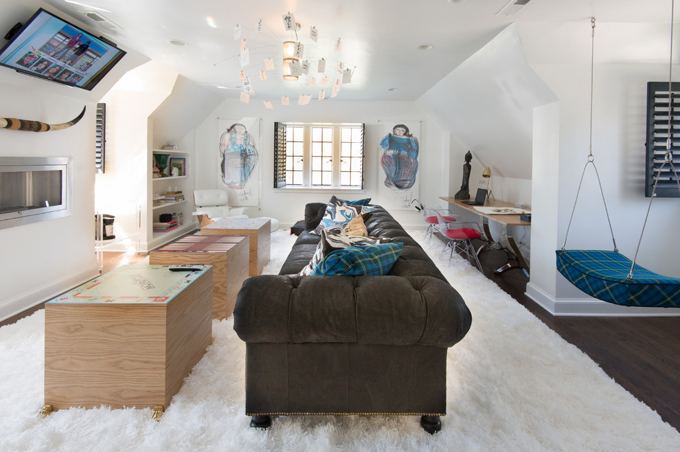 Family room library - large eclectic enclosed dark wood floor and brown floor family room library idea in Chicago with white walls, a ribbon fireplace, a plaster fireplace and a wall-mounted tv