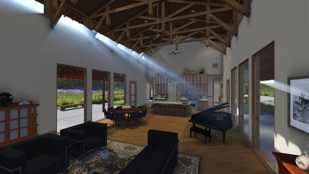 Idée de décoration pour une salle de séjour sud-ouest américain de taille moyenne et fermée avec une cheminée standard, un manteau de cheminée en pierre et parquet en bambou.