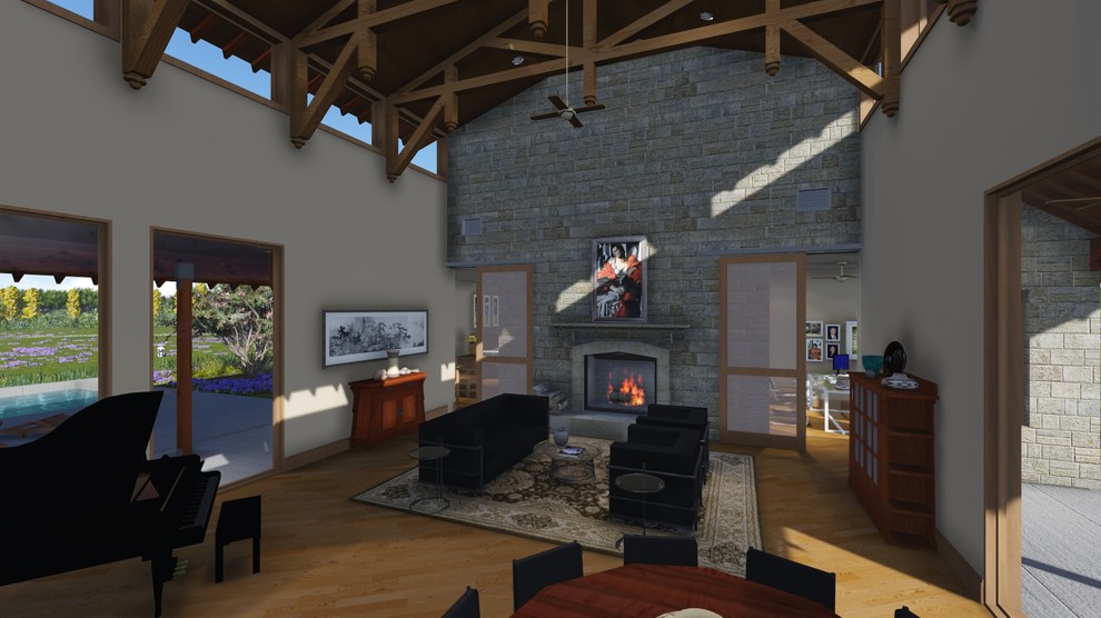 Imagen de sala de estar cerrada de estilo americano de tamaño medio con suelo de bambú, todas las chimeneas y marco de chimenea de piedra