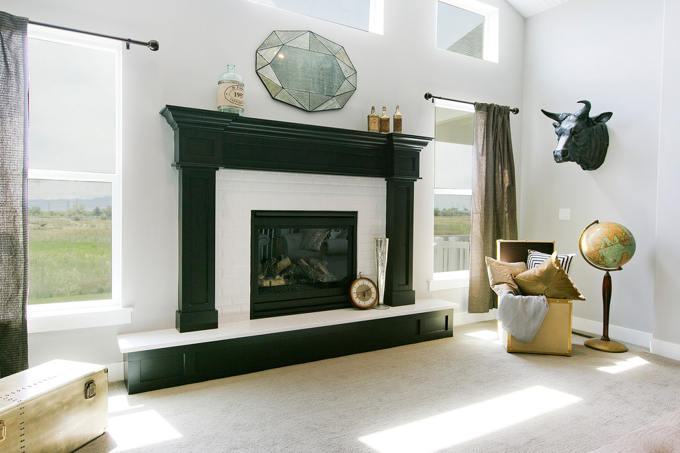 Example of a mid-sized classic open concept carpeted and beige floor family room design in Salt Lake City with white walls, a standard fireplace and a tile fireplace