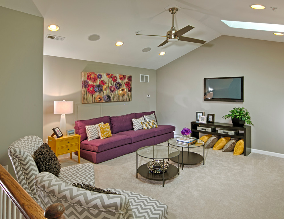 Photo of a large contemporary mezzanine games room in Wilmington with grey walls, carpet and a wall mounted tv.