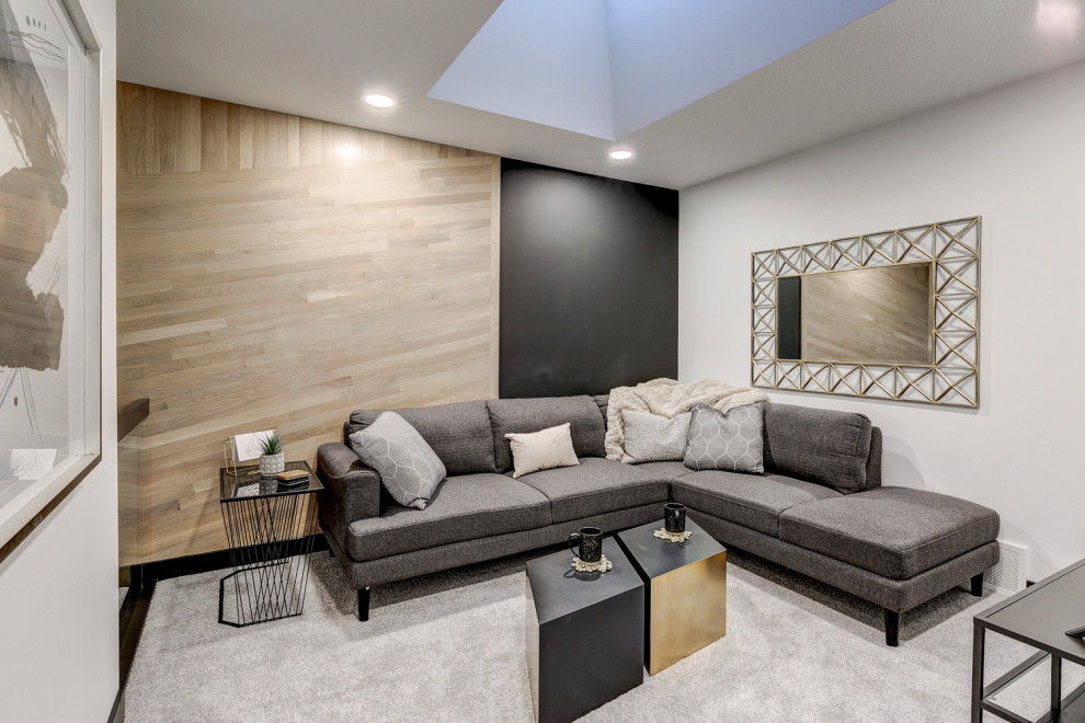 Cette image montre une salle de séjour traditionnelle de taille moyenne et ouverte avec un mur noir, moquette, un téléviseur indépendant et un sol gris.