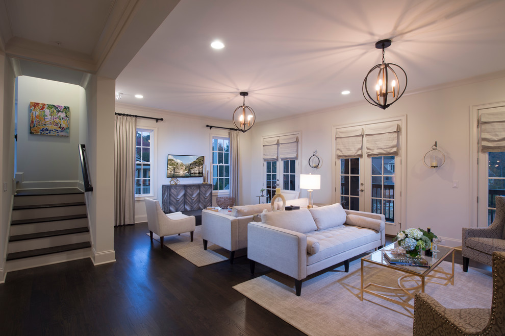 Design ideas for a large open plan games room in Atlanta with white walls and dark hardwood flooring.