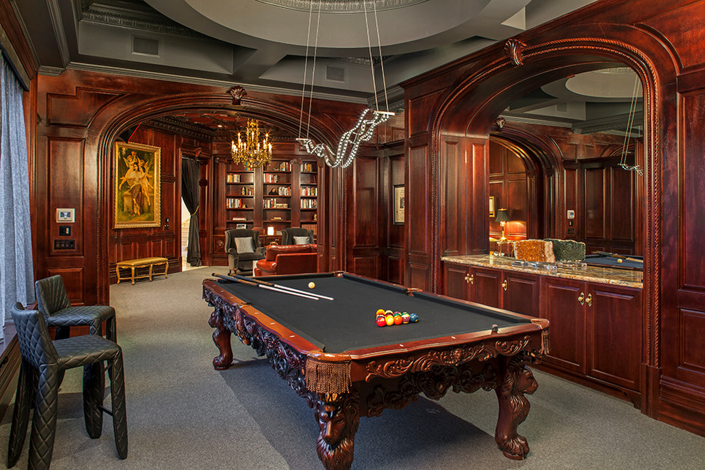 Traditional games room in Austin with carpet, a ribbon fireplace and no tv.