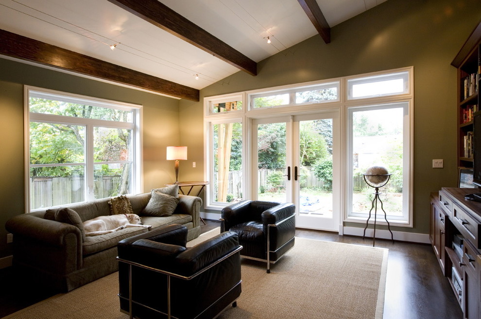 Design ideas for a classic games room in Seattle with beige walls and dark hardwood flooring.
