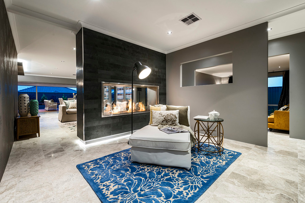 Modelo de sala de estar abierta contemporánea de tamaño medio con paredes grises
