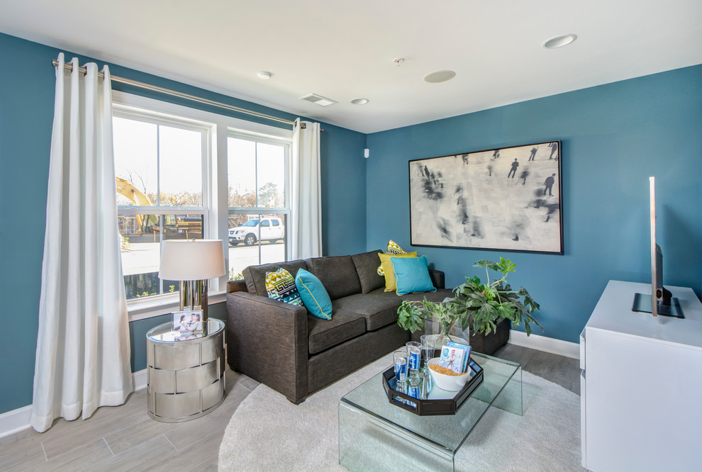 Foto di un soggiorno classico con pareti blu, parquet chiaro, nessun camino e TV autoportante