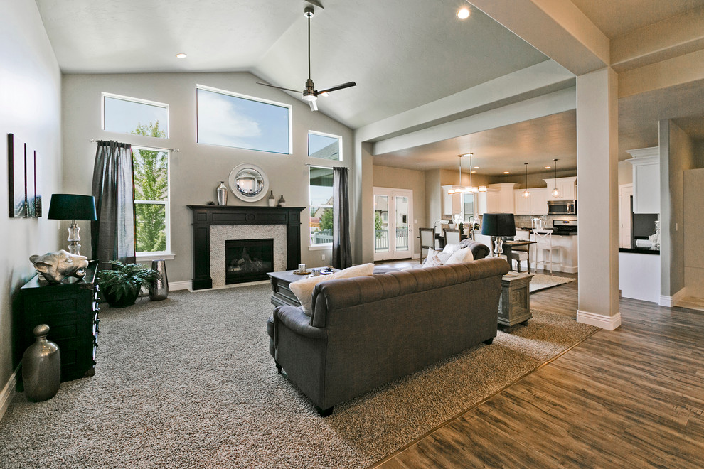 Mid-sized arts and crafts open concept medium tone wood floor and brown floor family room photo in Salt Lake City with white walls, a tile fireplace and a standard fireplace