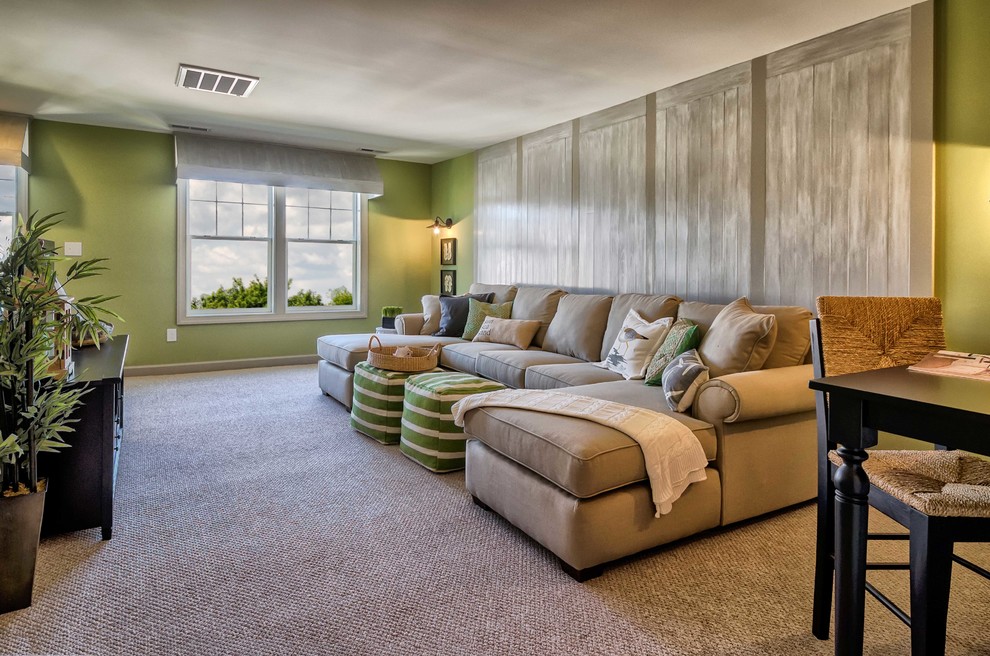 Maritimes Wohnzimmer im Loft-Stil mit grüner Wandfarbe, Teppichboden und freistehendem TV in Sonstige