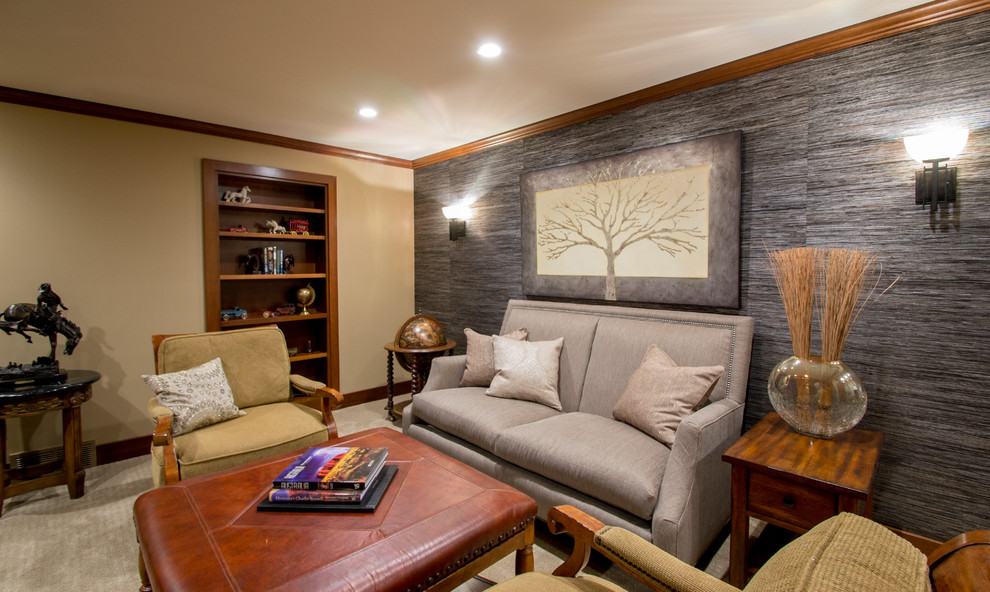 Inspiration for a medium sized contemporary enclosed games room in Cedar Rapids with beige walls and carpet.