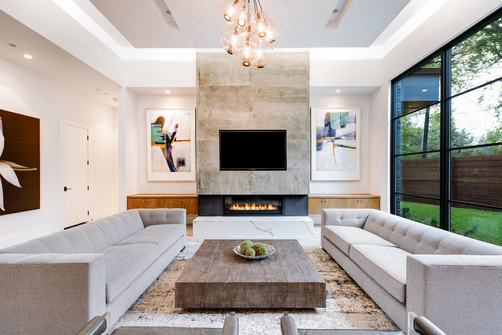 Living room - mid-sized contemporary light wood floor living room idea in Dallas with white walls, a ribbon fireplace and a wall-mounted tv