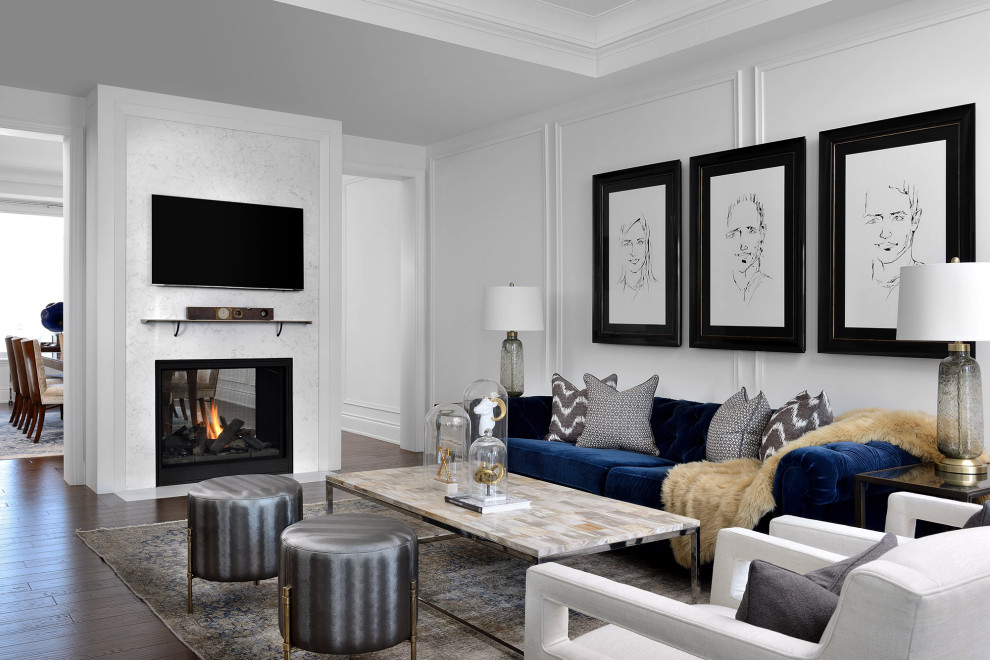 Living room - large transitional open concept dark wood floor, brown floor, coffered ceiling and wall paneling living room idea in Toronto with white walls, a two-sided fireplace, a stone fireplace and a wall-mounted tv
