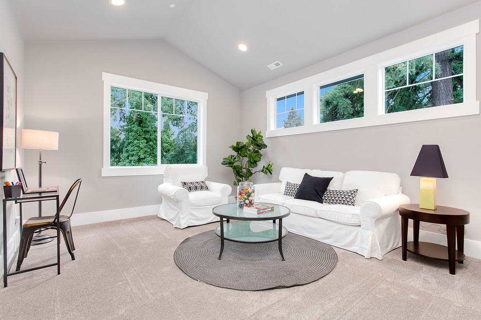 Large transitional enclosed carpeted family room photo in Seattle with gray walls