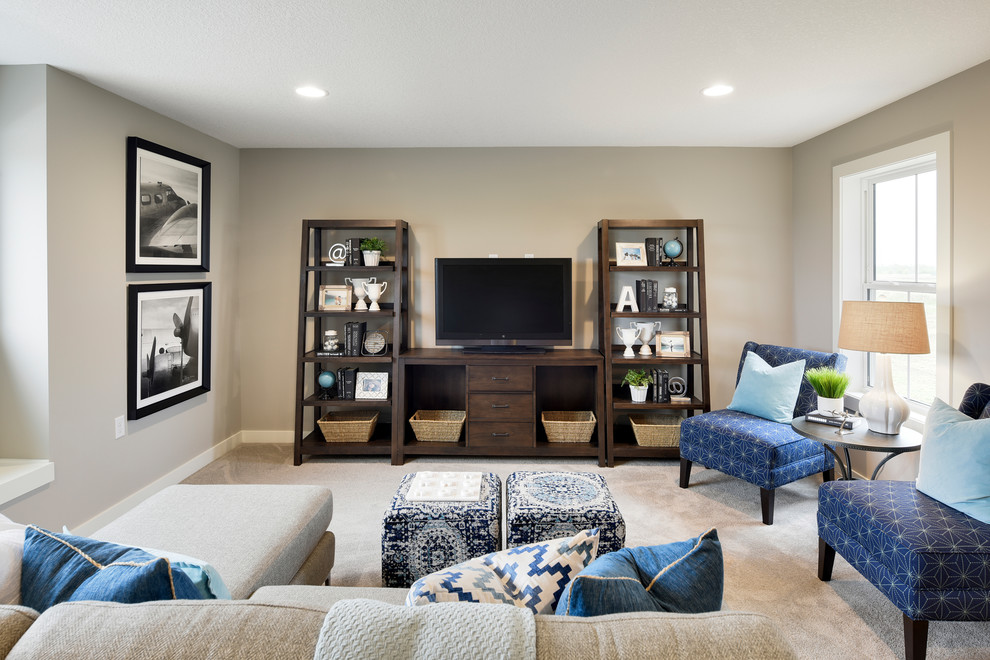 На фото: изолированная гостиная комната в классическом стиле с серыми стенами, ковровым покрытием, отдельно стоящим телевизором и бежевым полом