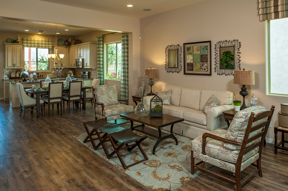 Family room - traditional open concept dark wood floor family room idea in Phoenix with beige walls