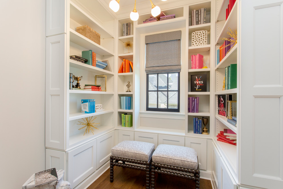 Inspiration for a small transitional medium tone wood floor family room library remodel in Richmond with white walls