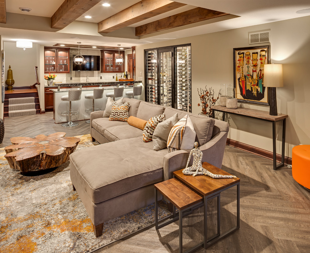 Large rustic open plan games room in Denver with medium hardwood flooring, beige floors, a home bar, white walls, a ribbon fireplace, a plastered fireplace surround, a wall mounted tv and feature lighting.