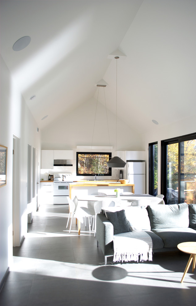 Свежая идея для дизайна: маленькая открытая гостиная комната в скандинавском стиле с белыми стенами, полом из керамической плитки и серым полом для на участке и в саду - отличное фото интерьера