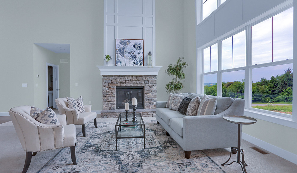 Example of a huge classic open concept carpeted and beige floor living room design in Other with gray walls, a standard fireplace and a stone fireplace