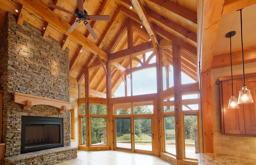 Timber Frame Durham, NC Craftsman Family Room Raleigh by Broyhill Wiles Design Build