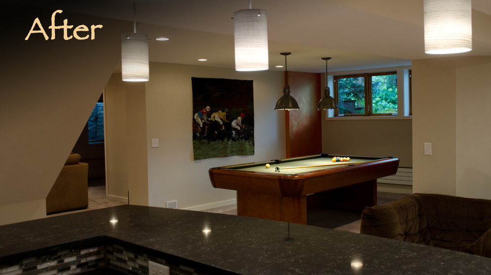 Large contemporary open plan games room in Minneapolis with a game room, a standard fireplace, a brick fireplace surround and a built-in media unit.