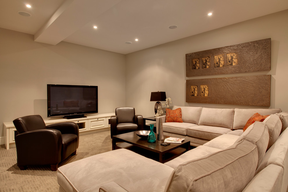 Foto di un grande soggiorno classico chiuso con pareti grigie, moquette, TV autoportante e pavimento grigio