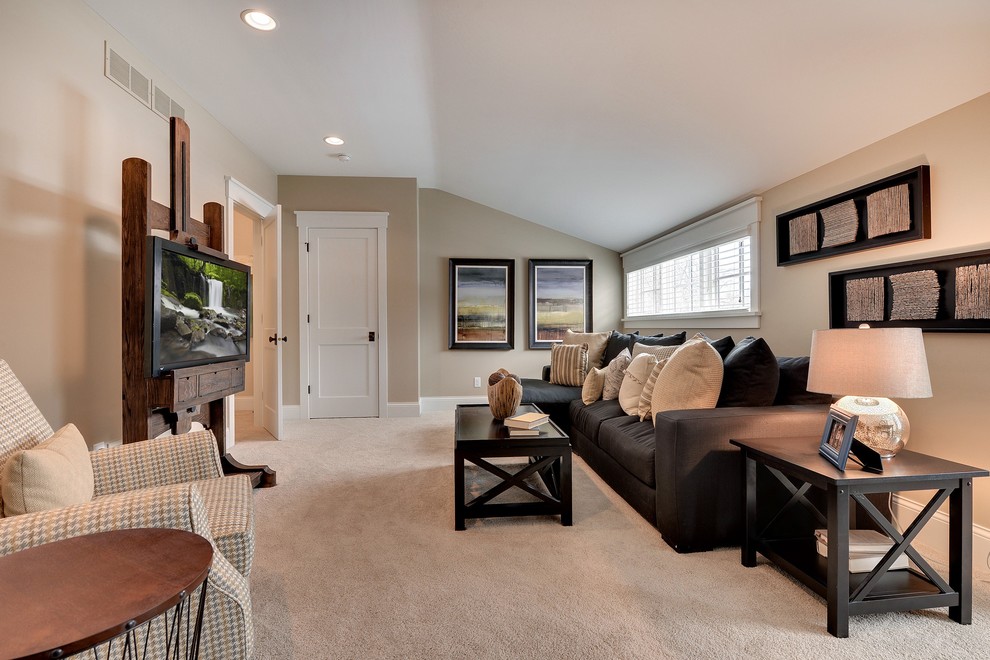 Example of a classic family room design in Minneapolis with beige walls