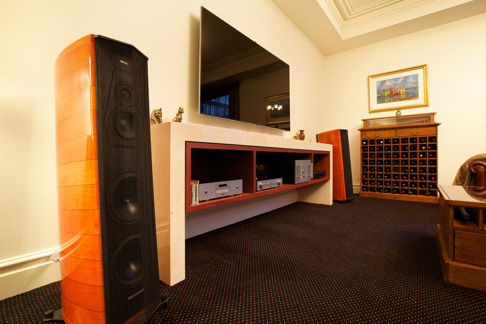 Inspiration for a classic enclosed games room in Melbourne with a music area, beige walls, carpet and a wall mounted tv.