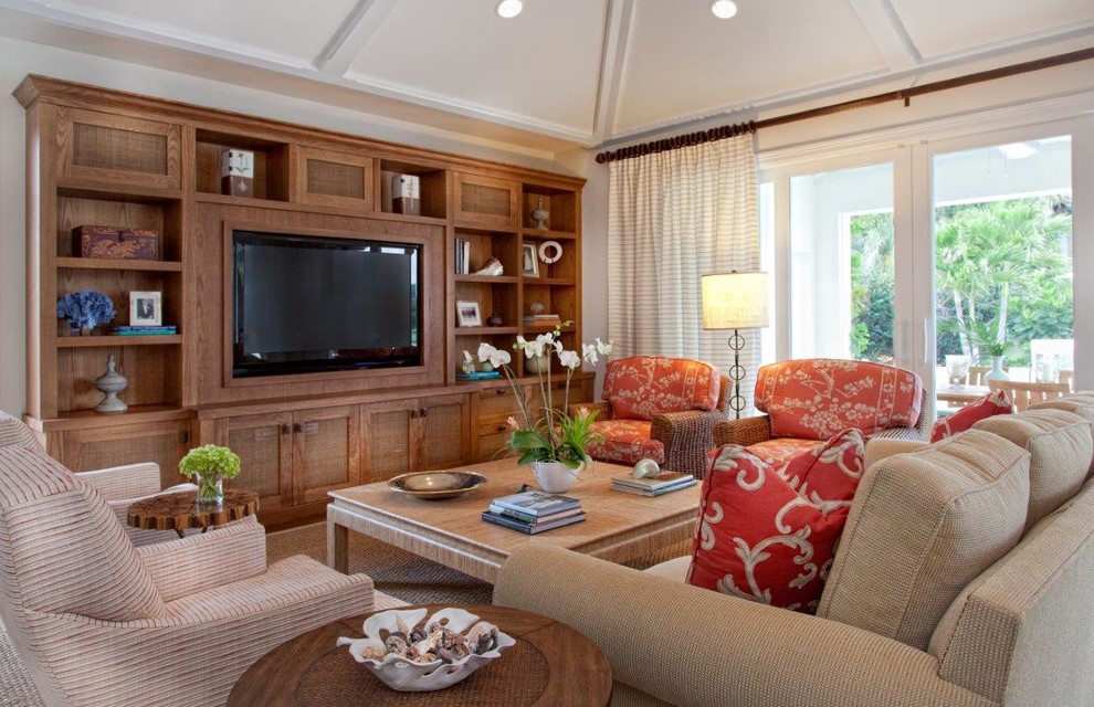 Inspiration for a large classic games room in Miami with a game room, white walls, a built-in media unit and carpet.
