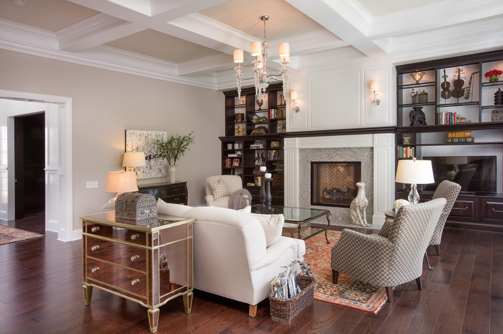 Example of a large transitional open concept dark wood floor family room design in Columbus with beige walls, a standard fireplace, a stone fireplace and a tv stand