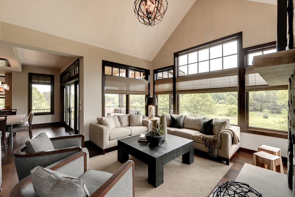 Family room - transitional open concept family room idea in Minneapolis with beige walls