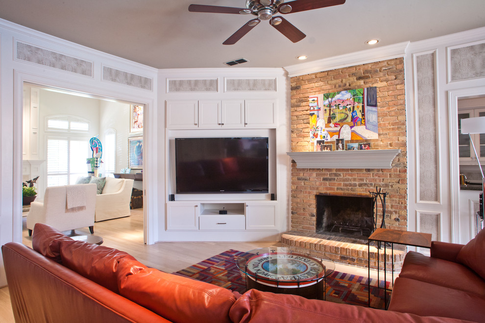 Photo of a traditional games room in Dallas with a brick fireplace surround.