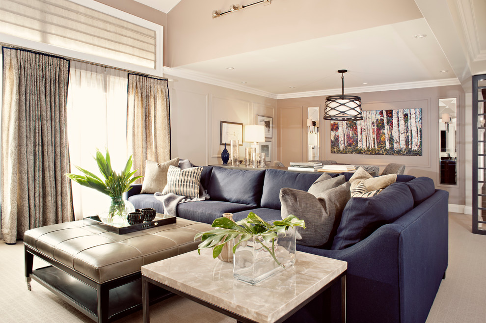 Example of a transitional family room design in Toronto with gray walls