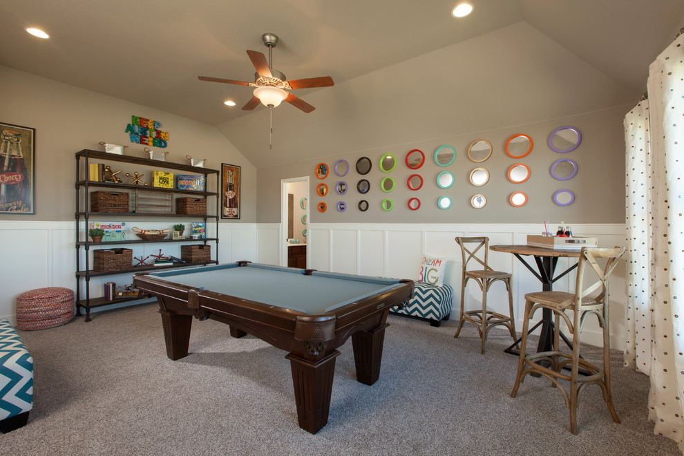 This is an example of a traditional games room in Austin with grey walls, carpet, no fireplace and no tv.