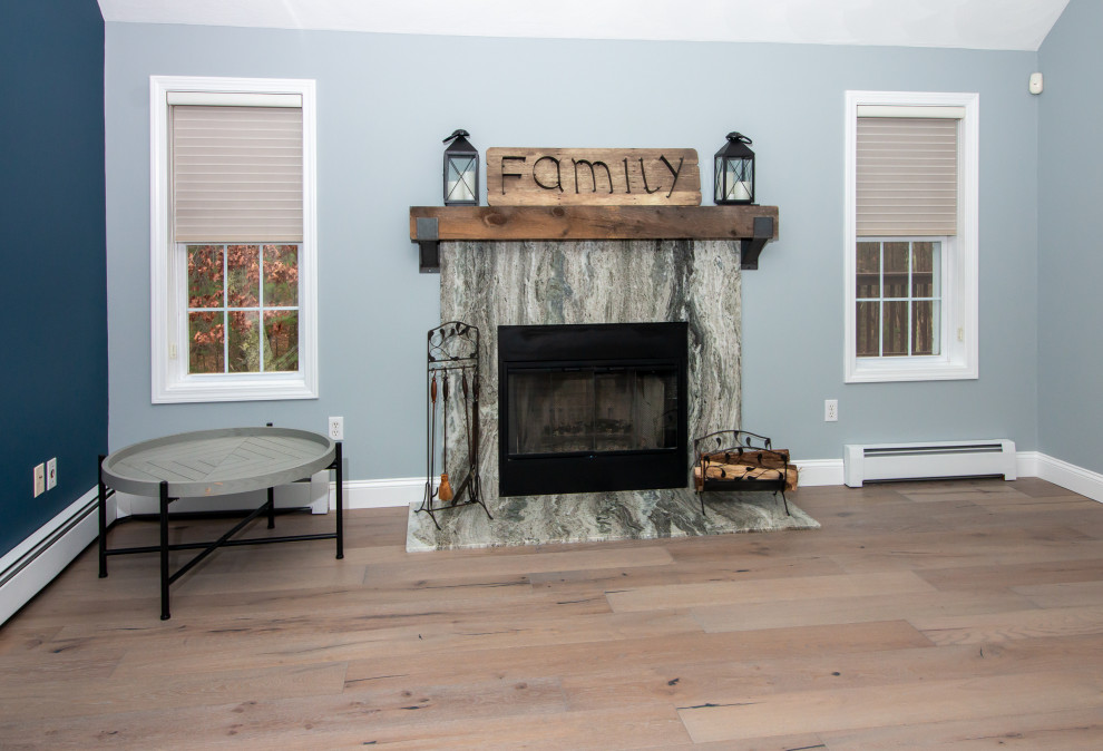 Transitional Fantasy Brown Quartzite Fireplace Surround with French Oak