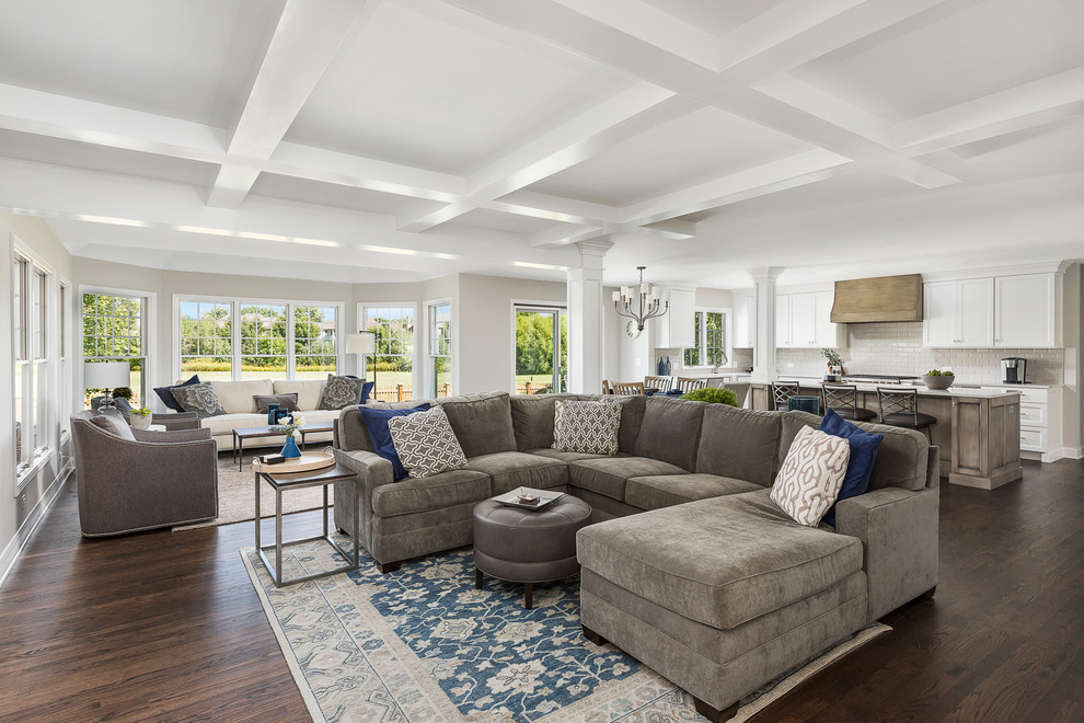Modelo de sala de estar abierta clásica renovada grande con suelo de madera oscura, suelo marrón, paredes grises y alfombra