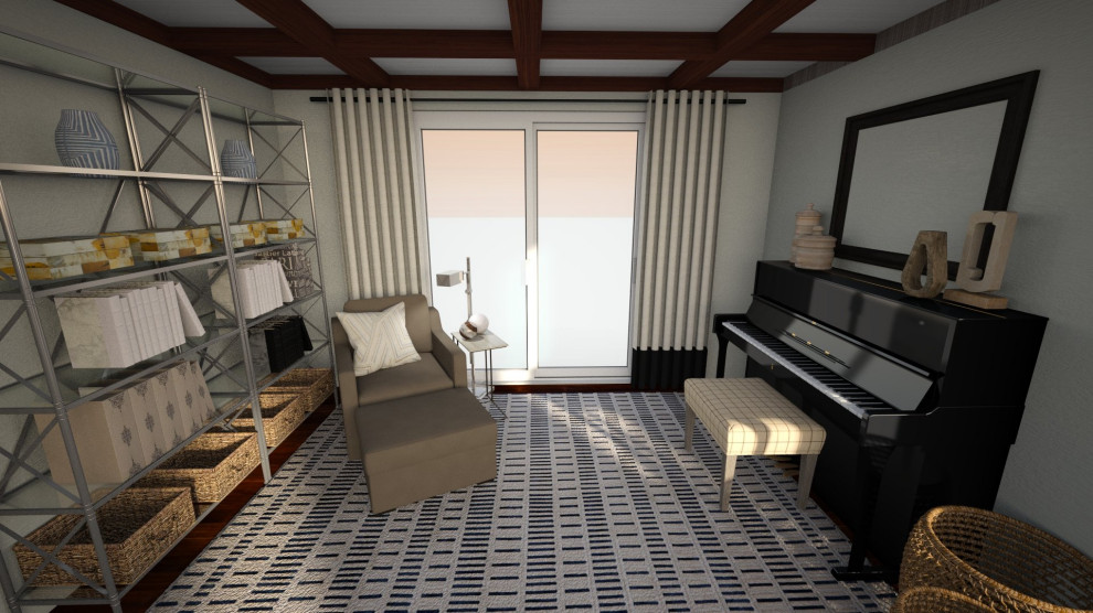 Идея дизайна: изолированная гостиная комната среднего размера в стиле неоклассика (современная классика) с музыкальной комнатой, серыми стенами, паркетным полом среднего тона, телевизором на стене и кессонным потолком
