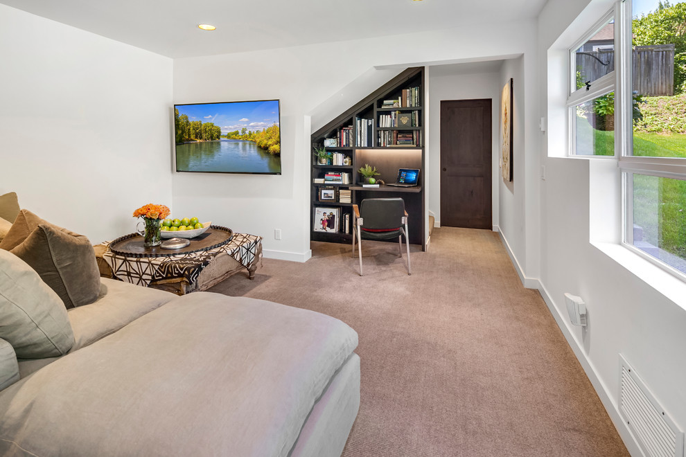Mid-sized trendy open concept carpeted and gray floor family room photo in Seattle with white walls and a media wall