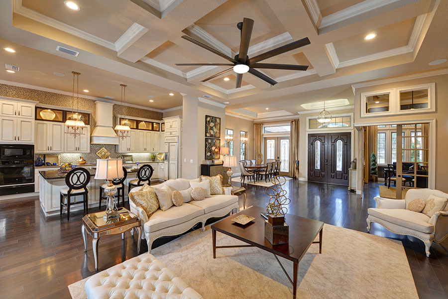 Design ideas for a large classic open plan games room in Orlando with beige walls and medium hardwood flooring.