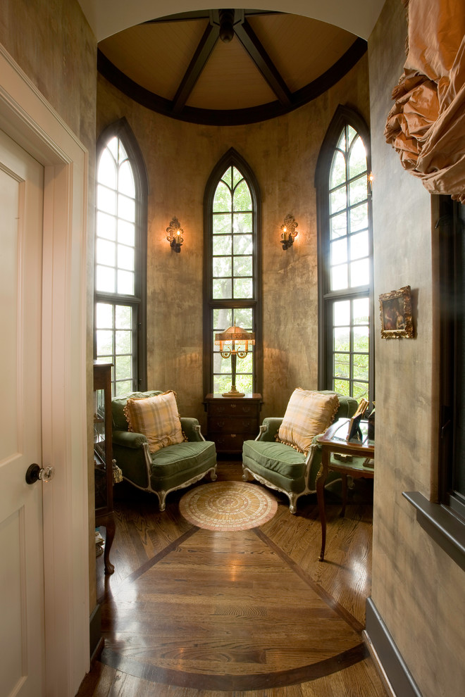 Family room - mid-sized victorian carpeted family room idea in Other with pink walls