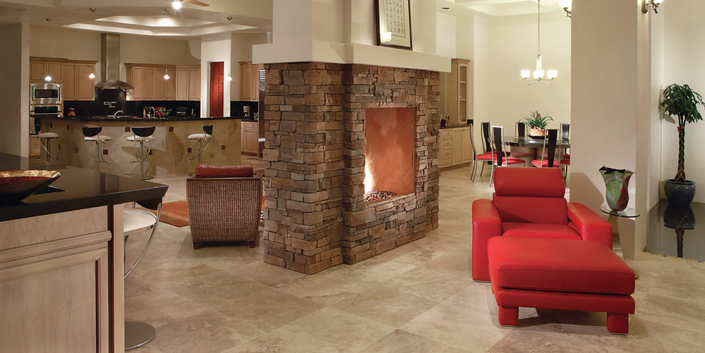 Mid-sized asian open concept travertine floor and beige floor family room photo in Phoenix with white walls, a standard fireplace, a stone fireplace and no tv