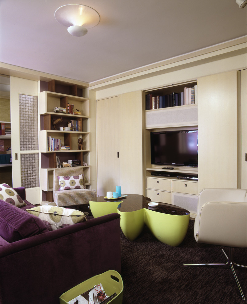 Imagen de sala de estar cerrada minimalista de tamaño medio sin chimenea con suelo de madera en tonos medios, pared multimedia y paredes multicolor